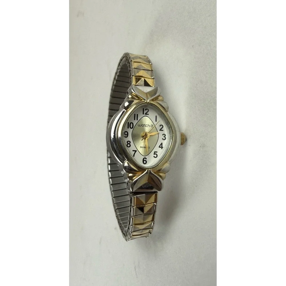 Watch It 90s Vintage Gold Silver 2 Tone Oval Quartz Stretch Band Bracelet Watch